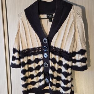 Pure Navy and Cream Striped Short-Sleeve Knit Cardigan Vintage XS/S 100% cotton